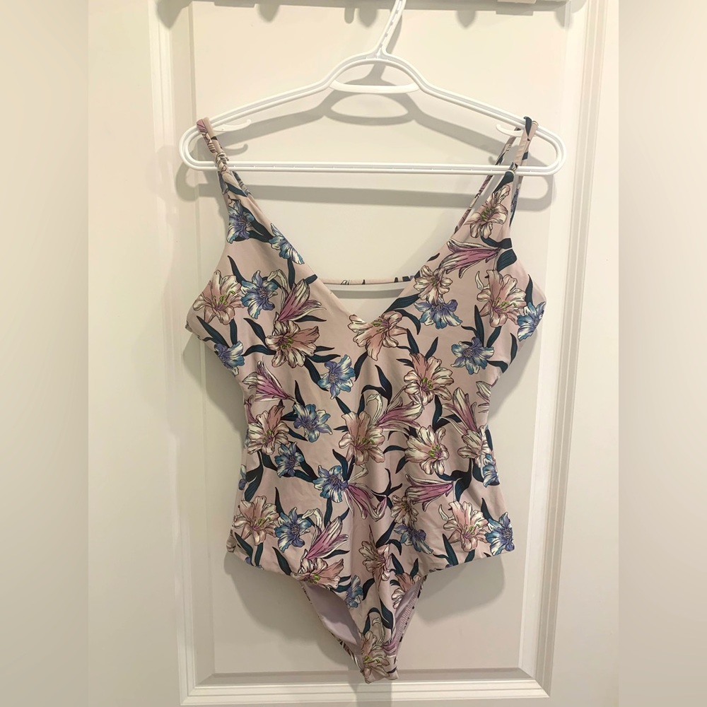 O’Neill, purple, floral, one piece bathing suit.